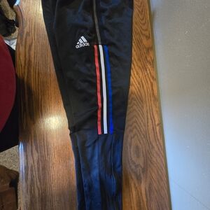 Adidas Kids Black Track Pants with Red and Blue Stripes